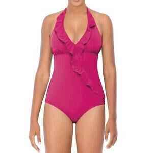 SPANX Women's Pink Assets Halter Glamour Ruffle One Piece Swimsuit Size Large